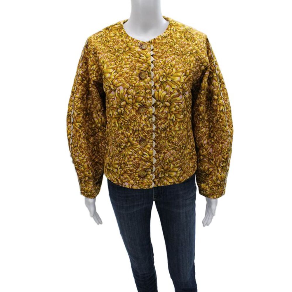 Kika Vargas Womens Quilted Floral Button Jacket Long Sleeve Yellow Size S